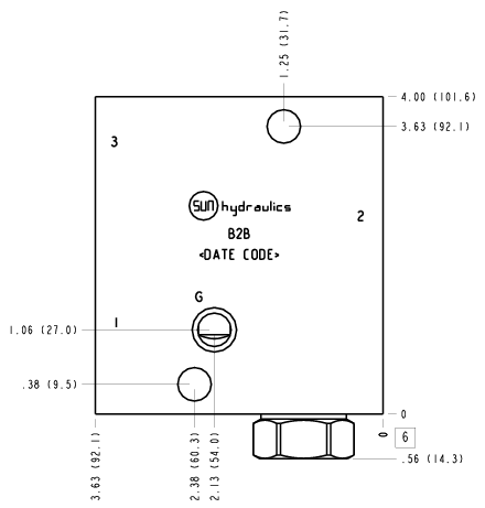 B2B Sun Hydraulics Ninety degree with reverse flow check - reducing Line mount manifold drawing