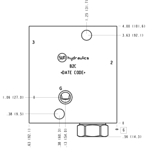 B2C Sun Hydraulics Ninety degree with reverse flow check - reducing Line mount manifold drawing