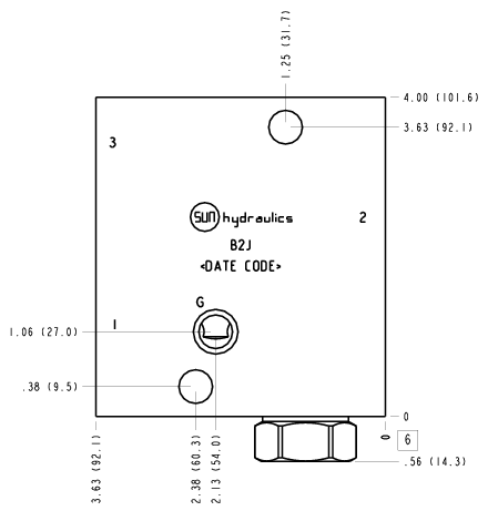 B2J Sun Hydraulics Ninety degree with reverse flow check - reducing Line mount manifold drawing
