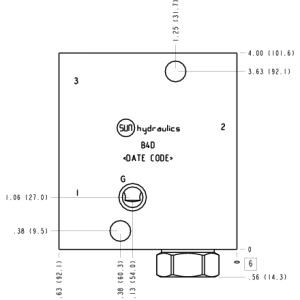 B4D Sun Hydraulics Ninety degree with reverse flow check - reducing Line mount manifold drawing