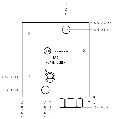 B4D Sun Hydraulics Ninety degree with reverse flow check - reducing Line mount manifold drawing