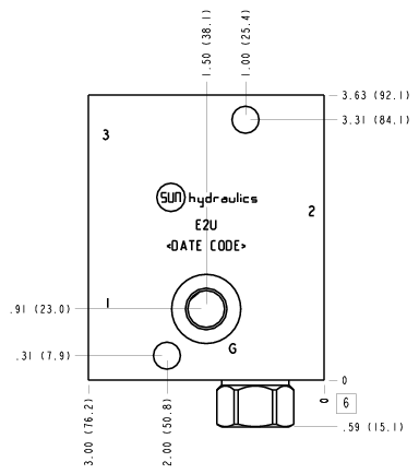 E2U Sun Hydraulics Ninety degree with reverse flow check - reducing Line mount manifold drawing