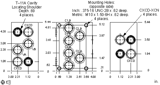 E9C Sun Hydraulics 3 cylinder sequence, with reverse checks Line mount manifold drawing
