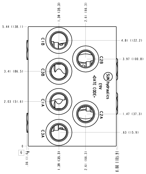 E9V Sun Hydraulics 3 cylinder sequence, with reverse checks Line mount manifold drawing
