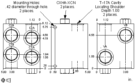 H8F Sun Hydraulics 2 cylinder sequence, with reverse checks Line mount manifold drawing