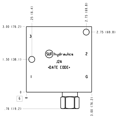 J2A Sun Hydraulics Ninety degree with reverse flow check - reducing Line mount manifold drawing