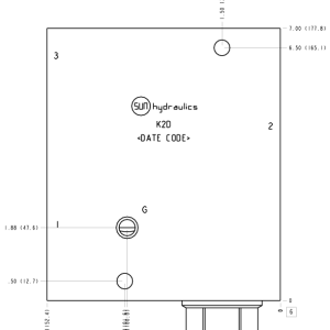 K2D Sun Hydraulics Ninety degree with reverse flow check - reducing Line mount manifold drawing