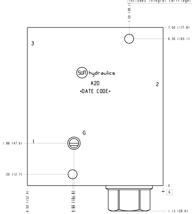 K2D Sun Hydraulics Ninety degree with reverse flow check - reducing Line mount manifold drawing