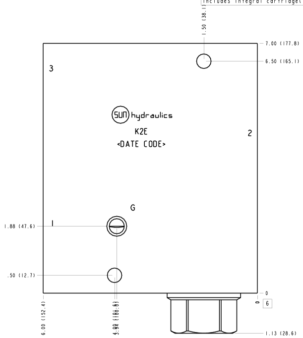 K2E Sun Hydraulics Ninety degree with reverse flow check - reducing Line mount manifold drawing