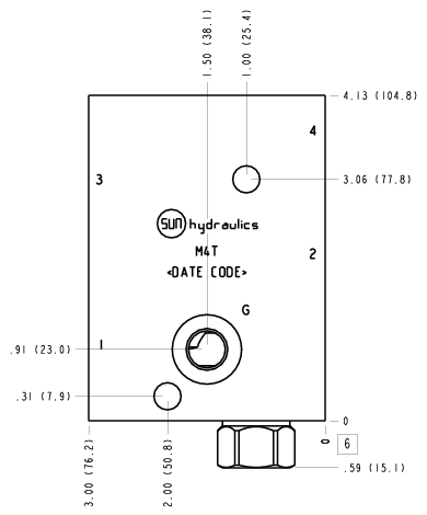 M4T Sun Hydraulics Ninety degree with reverse flow check - reducing Line mount manifold drawing