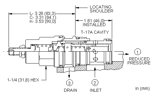 PBHF-LAN Sun Hydraulics Reducing Valve – installation dimensions drawing, cavity T-17A