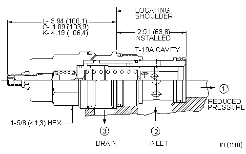 PBJF-LAN Sun Hydraulics Reducing Valve – installation dimensions drawing, cavity T-19A