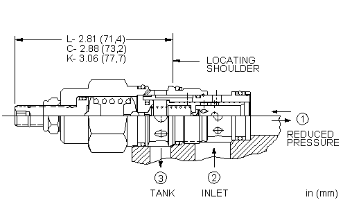 PPFB-LAN Sun Hydraulics Reducing/Relieving Valve – installation dimensions drawing, cavity T-2A