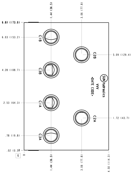 VVV Sun Hydraulics 3 cylinder sequence, direct acting Line mount manifold drawing