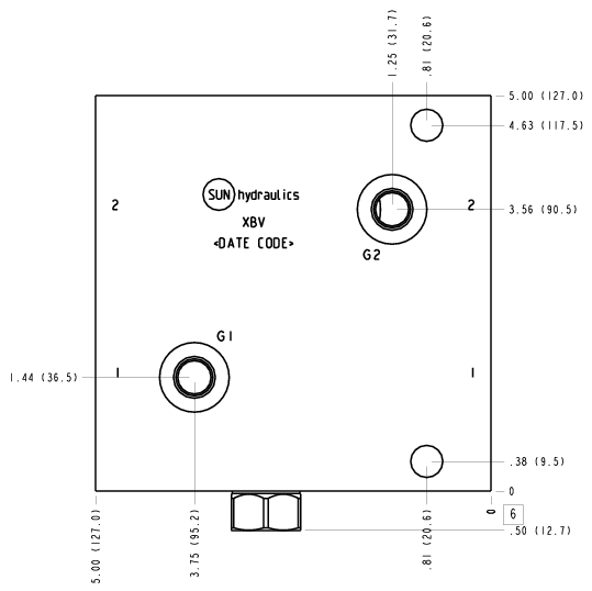 XBV Sun Hydraulics Cross port with shuttle on port 3s Line mount manifold drawing