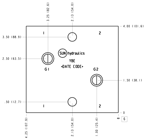 YBE Sun Hydraulics Cross port with gauge ports Line mount manifold drawing
